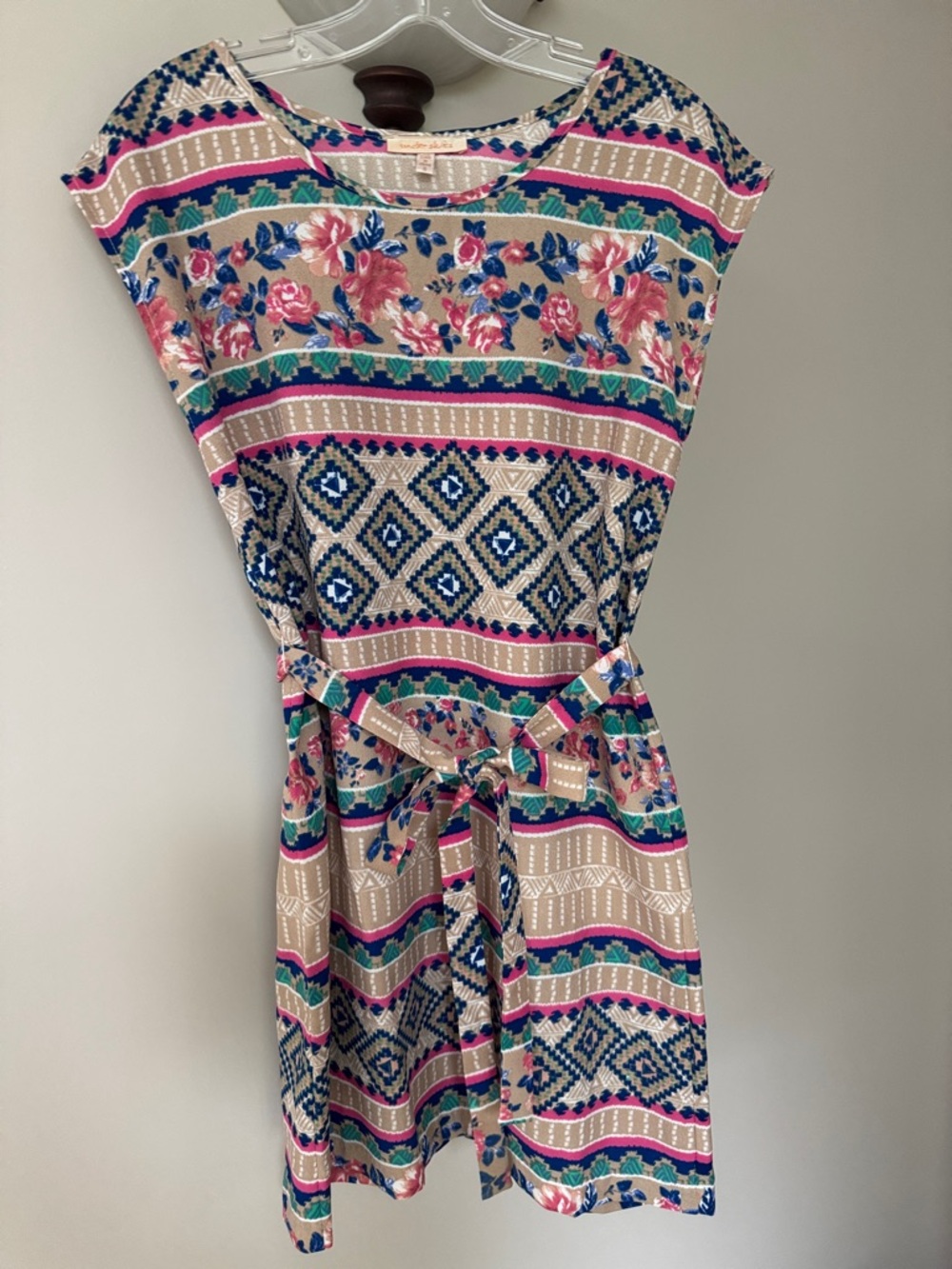 Under Skies Floral & Geometric Midi Shift Dress 💗 Beige Pink Blue & Green - Picture 7 of 16